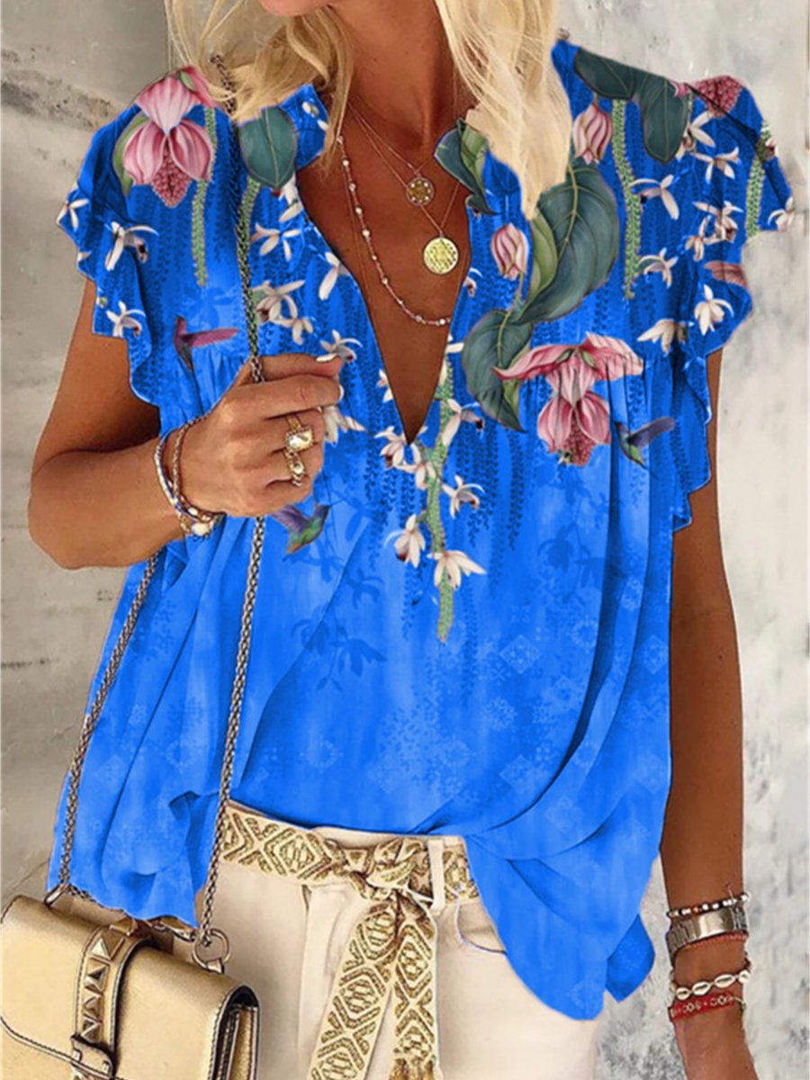 Summer Flower Print V-neck Short Sleeve Top