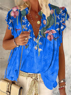 Summer Flower Print V-neck Short Sleeve Top