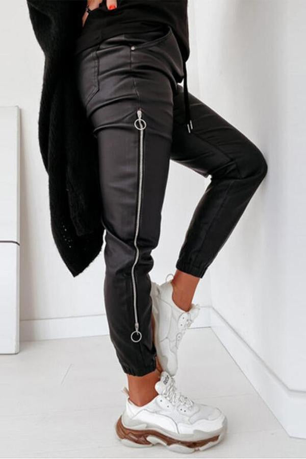 Zipper Design Drawstring Ruched PU Pants