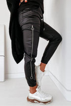 Zipper Design Drawstring Ruched PU Pants