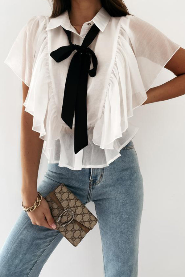 Solid Color Tie Neck Ruffle Trim Blouse