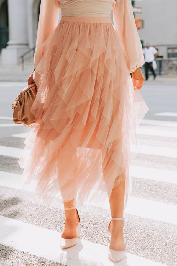 Allegro Ruffle Tulle Midi Skirt Grey Blue