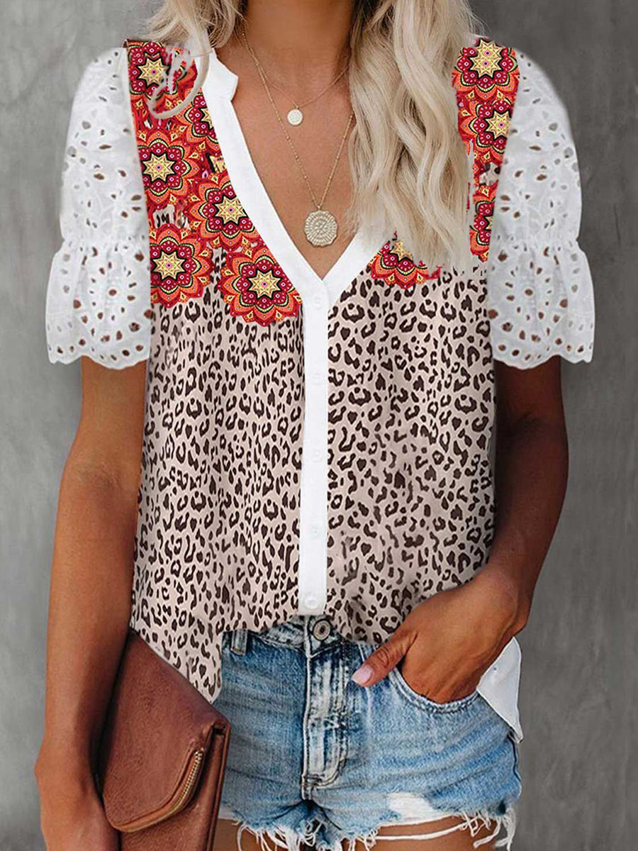 Flower Print Leopard Hollow-out T-shirt