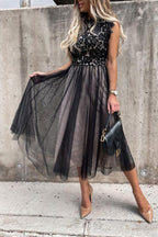 Lace Stitching Mesh Sleeveless Midi Dress