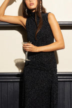 Slim High-neck Spliced Ribbon Shiny Maxi Dress