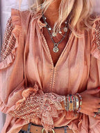 V-neck Solid Mesh Patchwork Long Sleeve Blouse