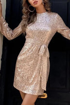 Fashion Sequined Tie Waist Slim Backless Mini Dress