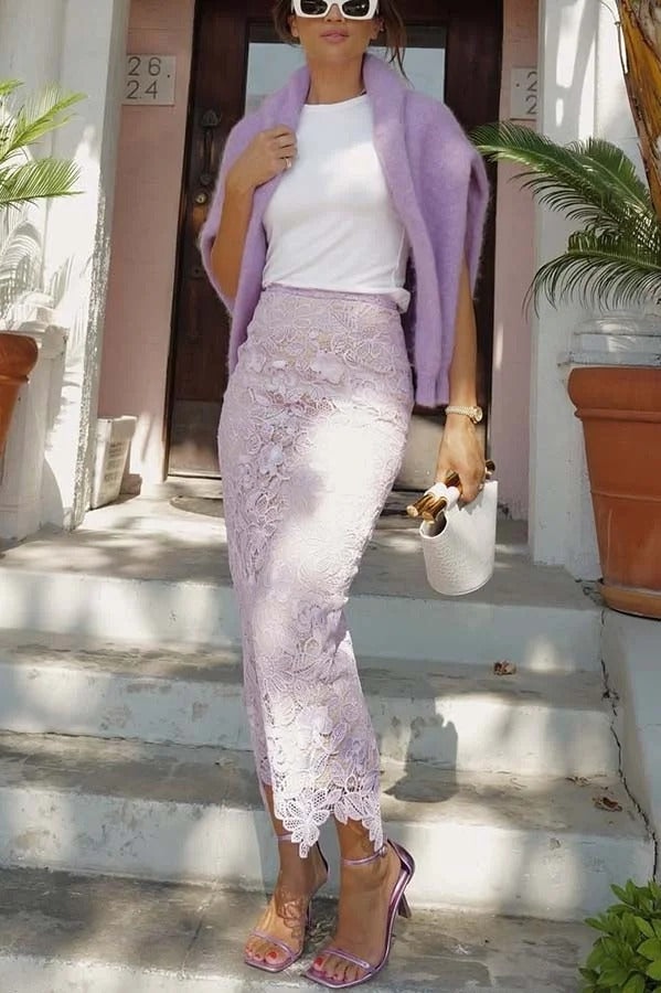 Warm Afternoon Floral Lace High Rise Slit Midi Pencil Skirt