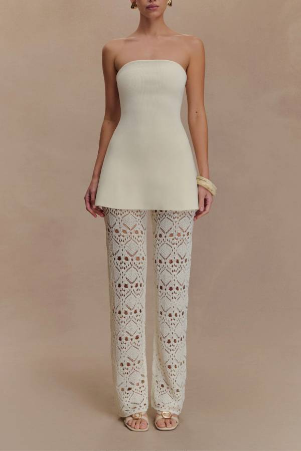 Trena Crochet Knit Hollow Mid Rise Stretch Wide Leg Pants
