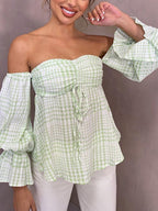 Off-the-shoulder Plaid Loose Top
