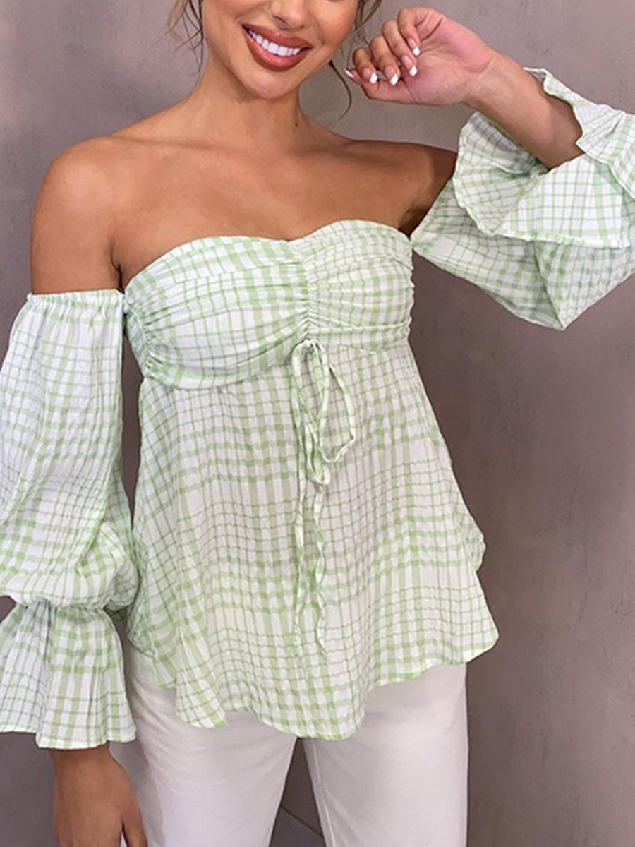 Off-the-shoulder Plaid Loose Top