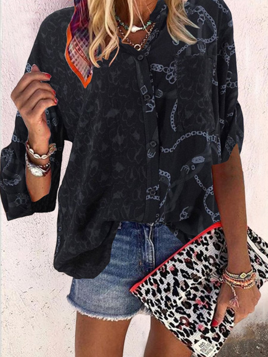 Elegant Print Leopard Buckle Shirt Collar Tops