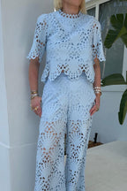 Eliose Scallop Cutout Embroidery Lace Elastic Waist Pocket Loose Pants