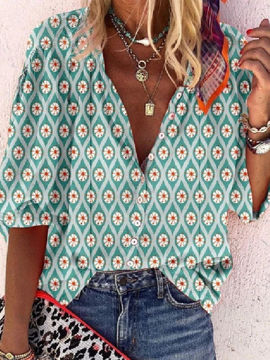 Casual V-neck Daisy Print Loose-fit Shirt