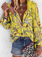 Casual Print Split Joint Turndown Collar Tops