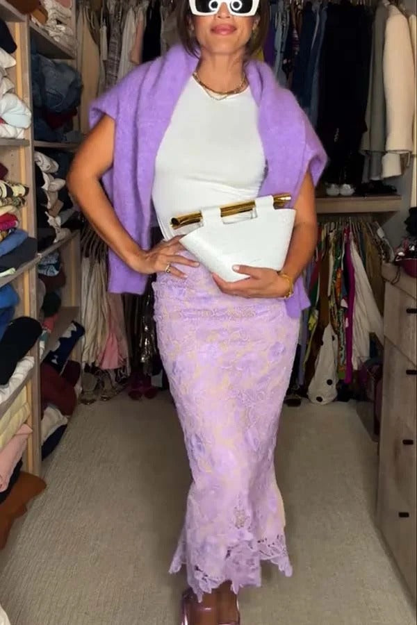 Warm Afternoon Floral Lace High Rise Slit Midi Pencil Skirt