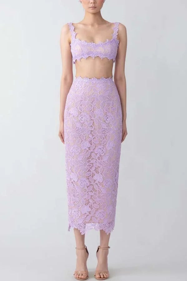 Warm Afternoon Floral Lace High Rise Slit Midi Pencil Skirt