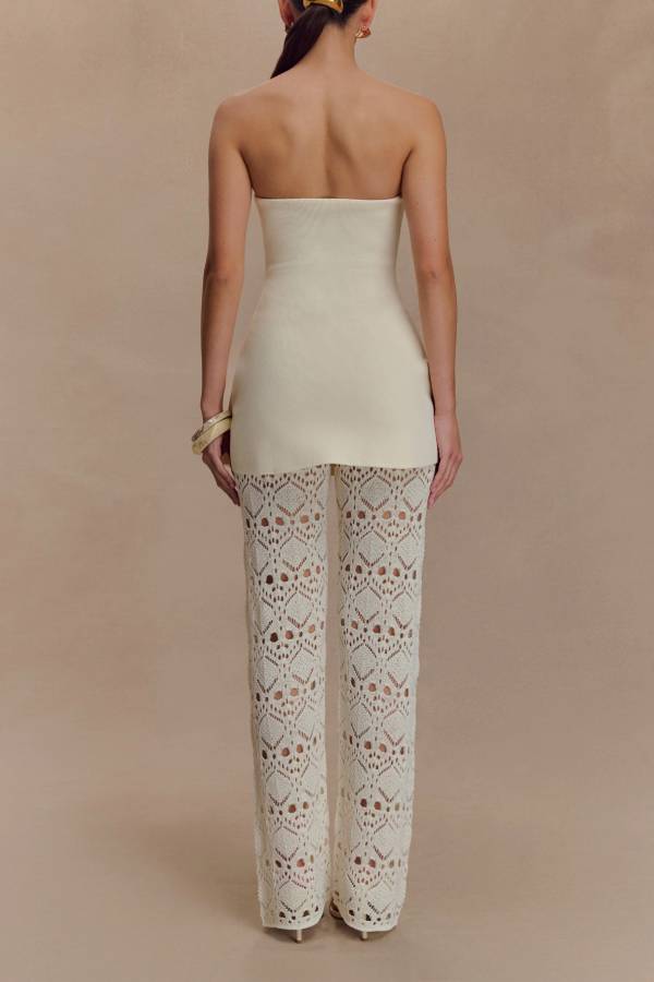 Trena Crochet Knit Hollow Mid Rise Stretch Wide Leg Pants
