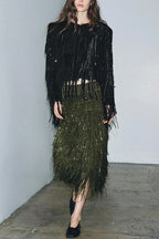Party Crasher Layered Sequined Tassels High Rise Back Zipper Midi Skirt