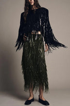 Party Crasher Layered Sequined Tassels High Rise Back Zipper Midi Skirt