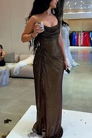 Glitzy Gala Sequin One Shoulder Ruched Slit Maxi Dress