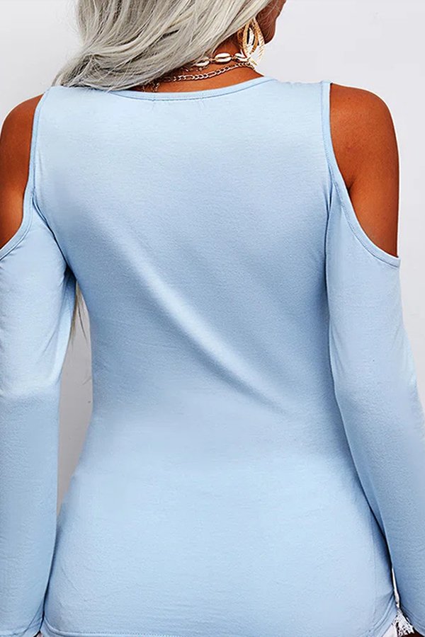 V-neck Hollow Long-sleeved Slim Solid Color T-shirt