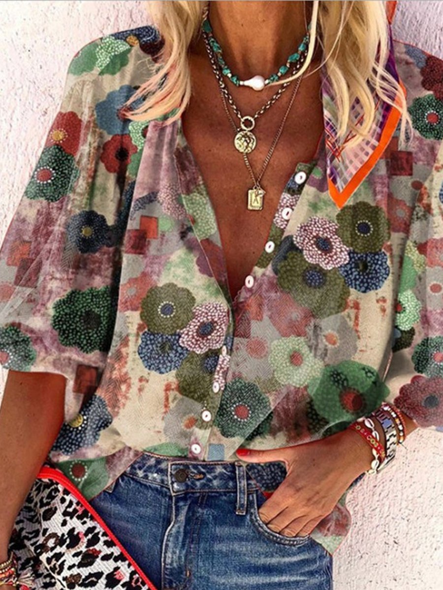 Button Round-Neck Long Sleeve Print Blouse