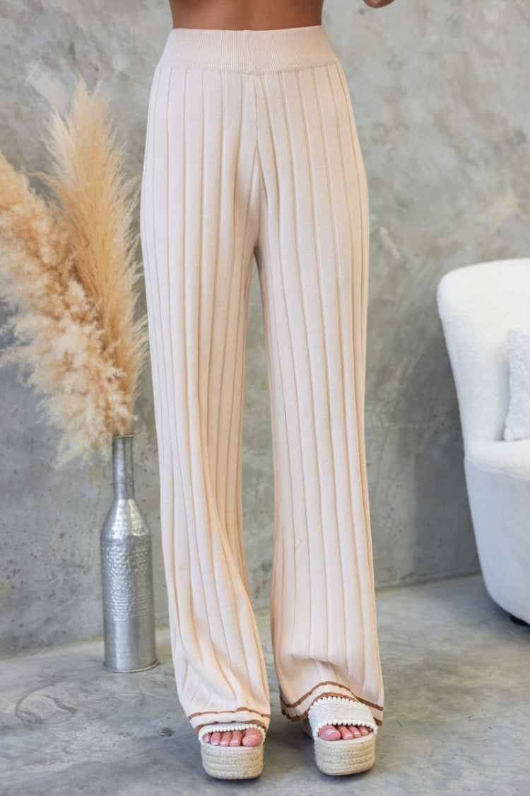 JODIE RIBBED KNIT COLOR BLOCK TRIM HIGH RISE WIDE LEG STRETCH PANTS