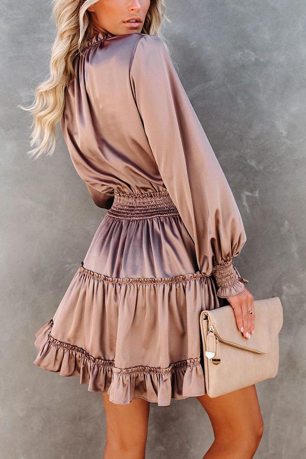 Satin Solid Color Puff Sleeve Dress