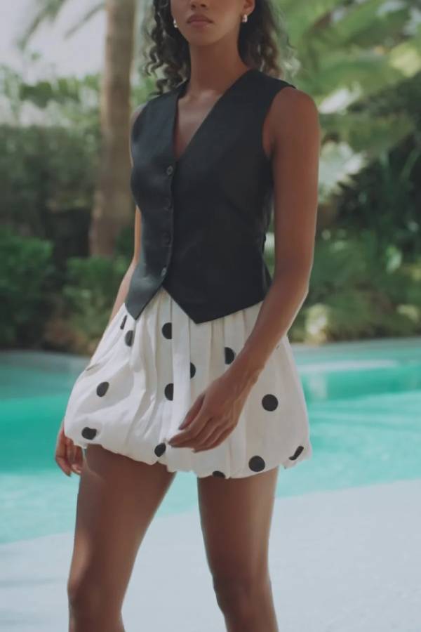Helsee Linen Blend Polka Dot Print Elastic Waist Bubble Mini Skirt
