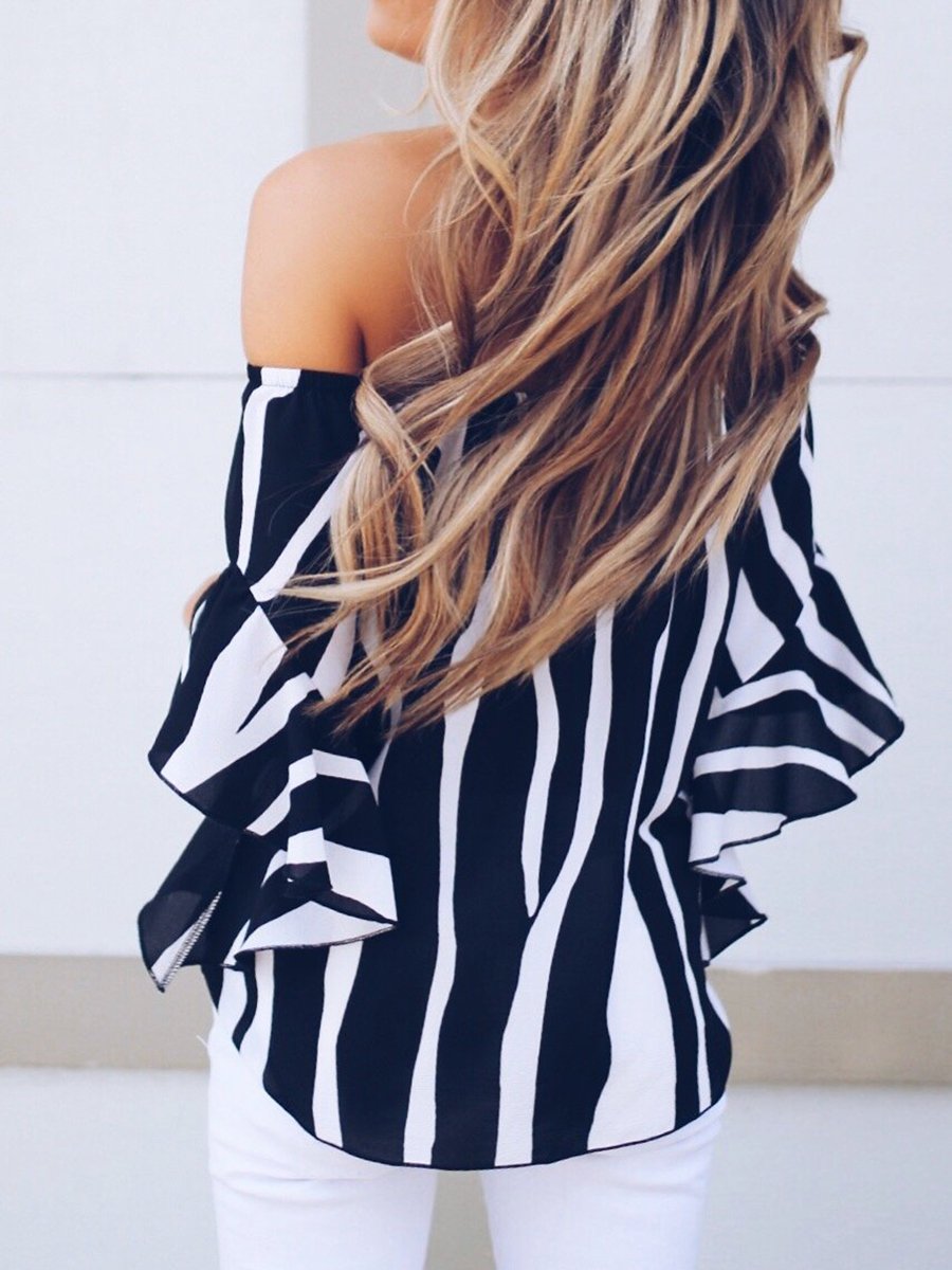 Off-the-shpulder Striped Loose Chiffon Top