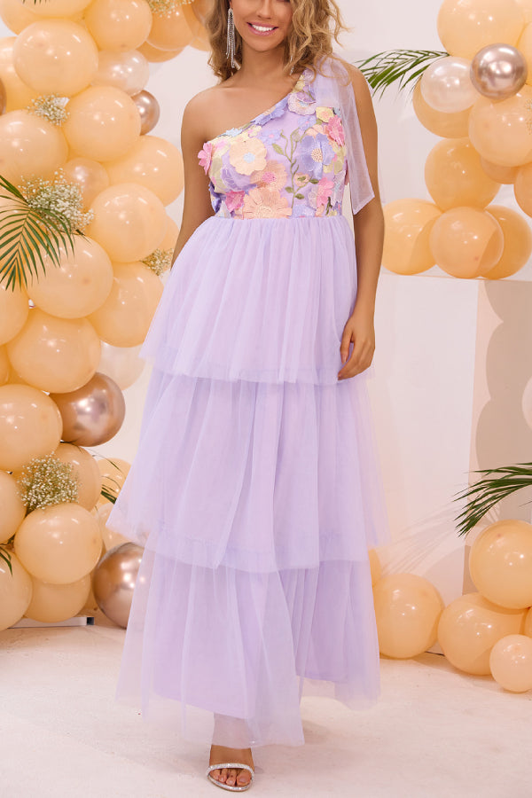 One Shoulder Floral Print Contrast Mesh Prom Dress