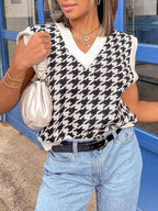 Houndstooth V-neck Knit Loose Vest