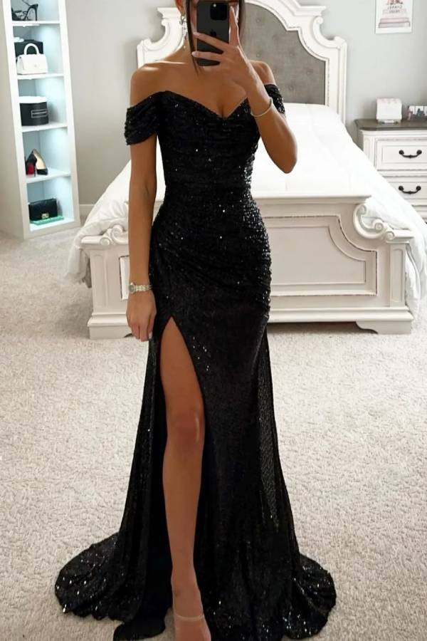 Sequin Off Shoulder Ruched Slit Evening Maxi Dress