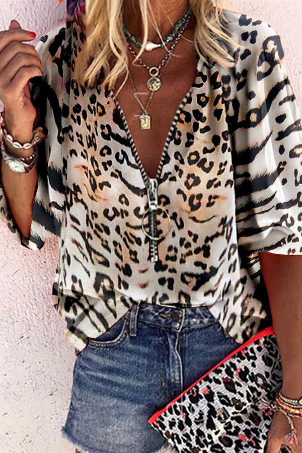 Leopard Print V-neck Zipper Decor Half Sleeve Blouse