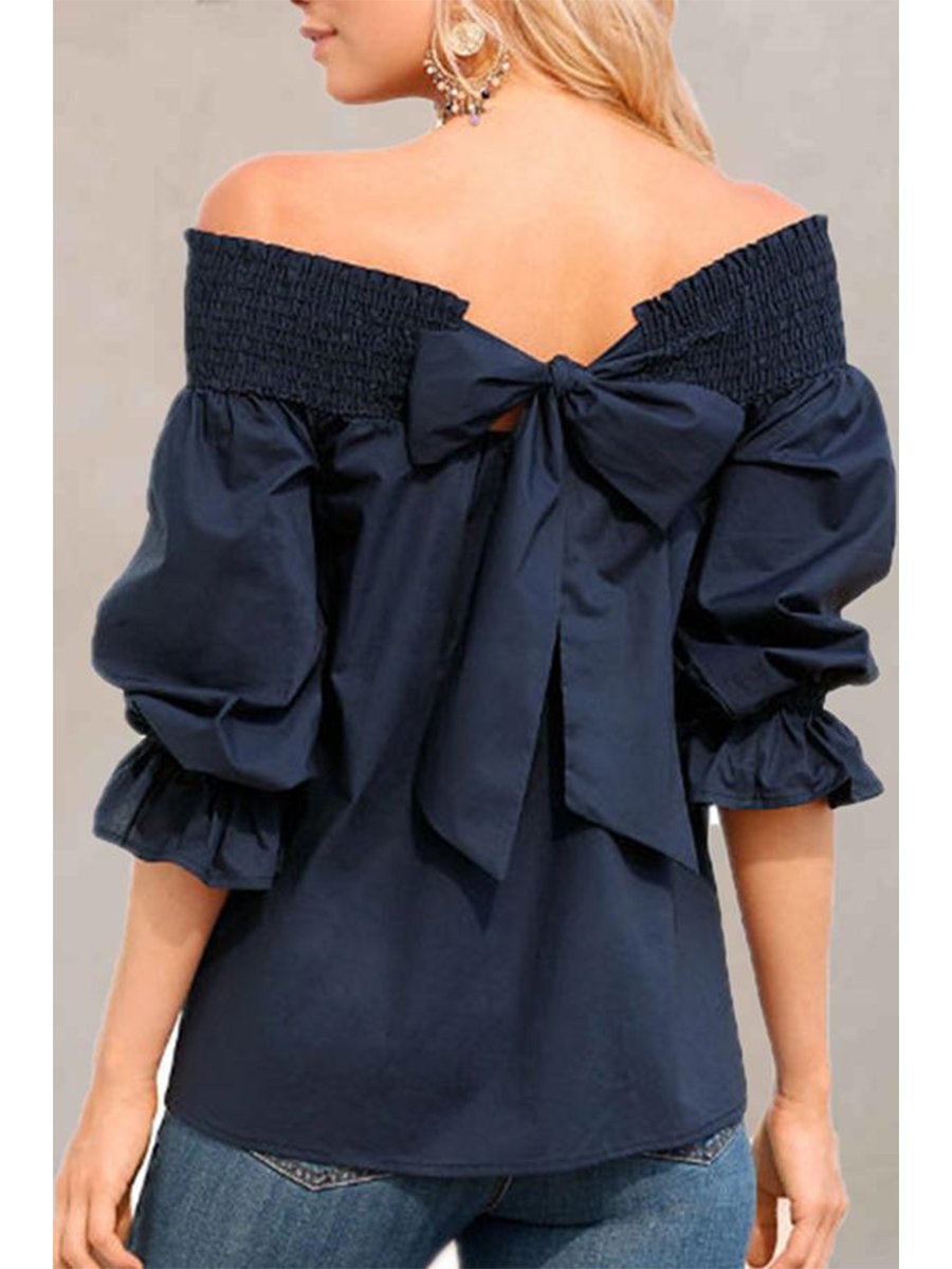 Elegant One Shoulder Bow Tie Mid Sleeve Blouse