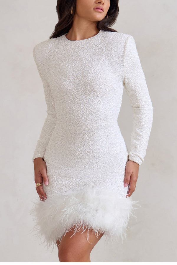 Party Must-have Sequin Long Sleeve Feather Trim Stretch Mini Dress