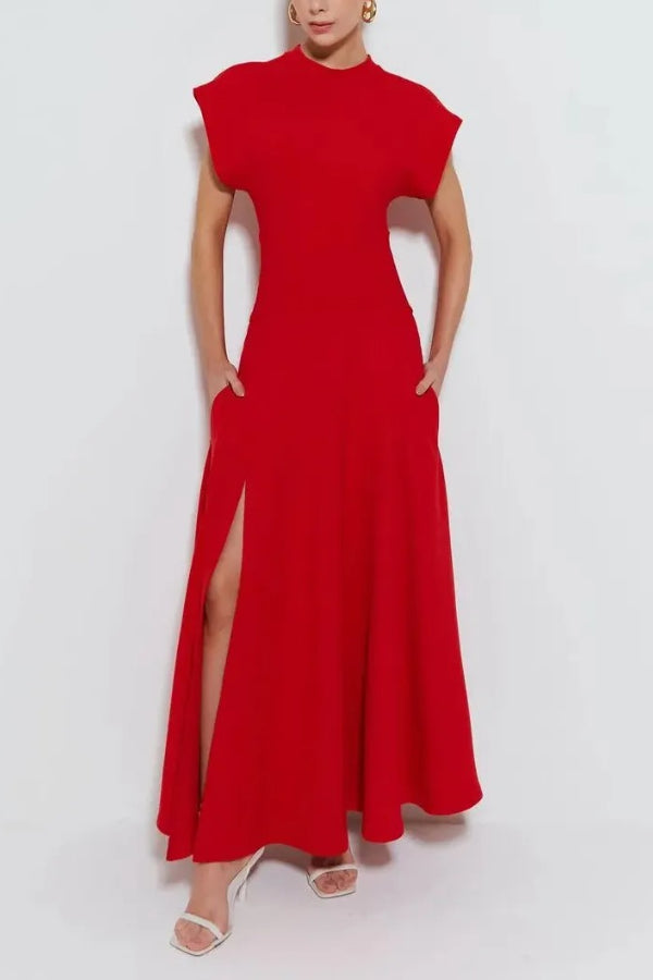 City Language High Neck Wide Short Sleeve Pocketed Slit Maxi Dress