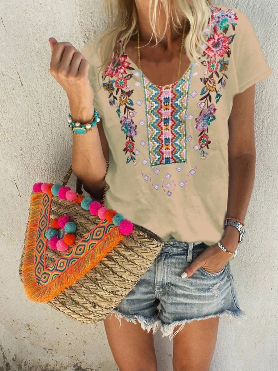 Flower Print U Collar T-shirt