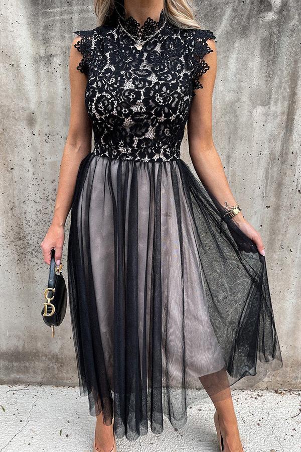 Lace Stitching Mesh Sleeveless Midi Dress