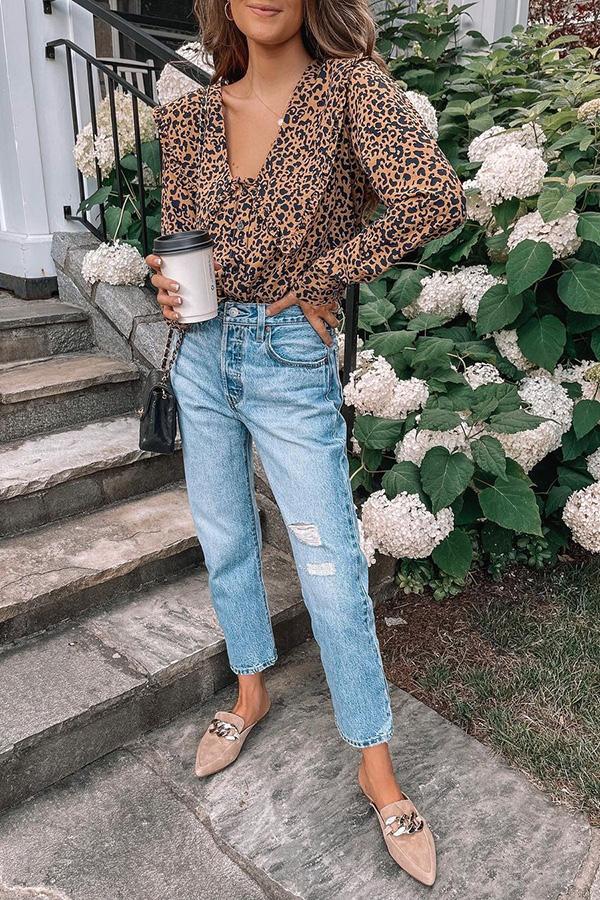 Leopard Big Collar Button Blouse