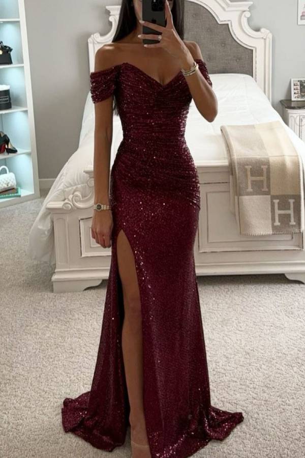 Sequin Off Shoulder Ruched Slit Evening Maxi Dress