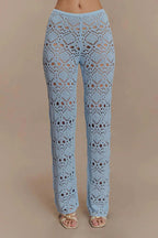 Trena Crochet Knit Hollow Mid Rise Stretch Wide Leg Pants
