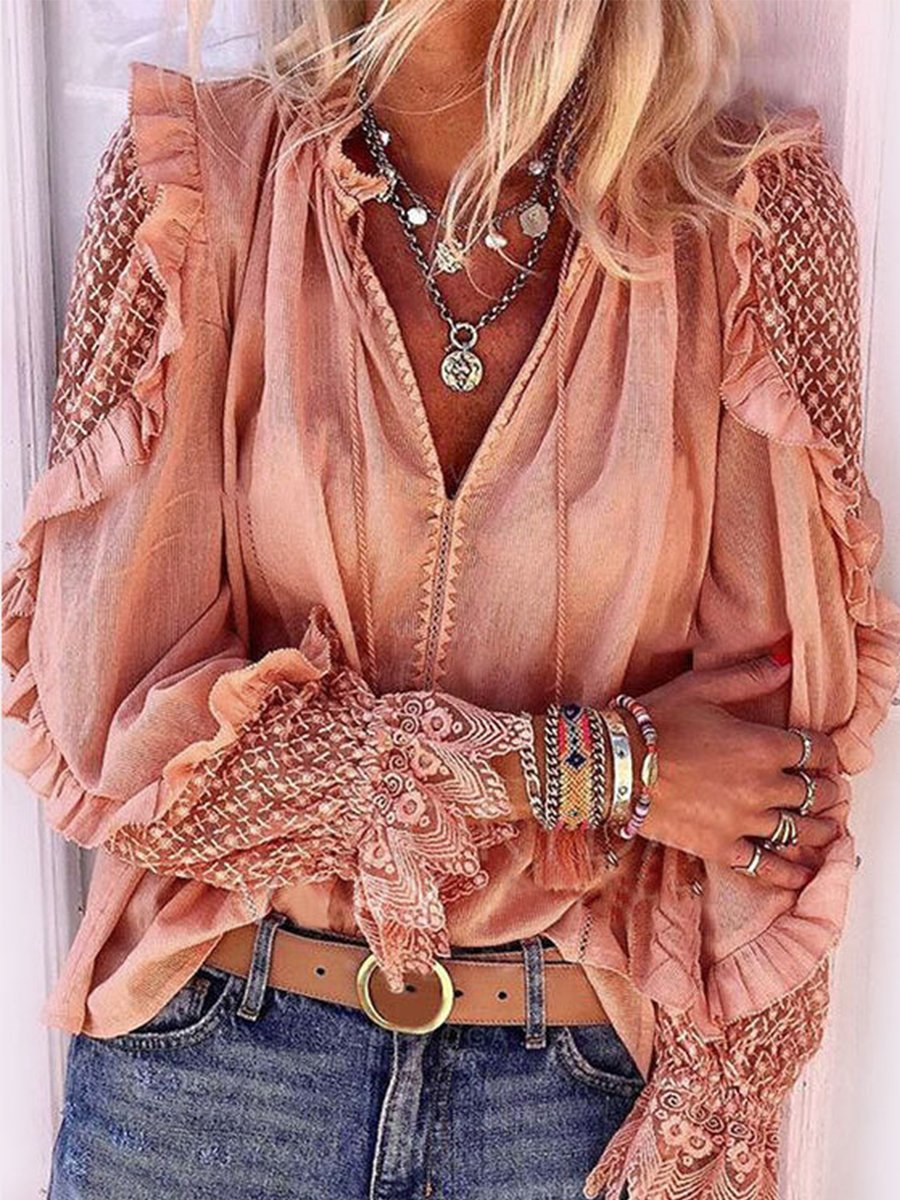 V-neck Solid Mesh Patchwork Long Sleeve Blouse
