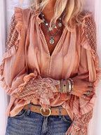 V-neck Solid Mesh Patchwork Long Sleeve Blouse