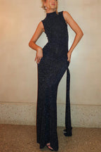 Slim High-neck Spliced Ribbon Shiny Maxi Dress