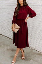 Solid Tie Waist Long Sleeve Swing Dress