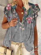 Summer Flower Print V-neck Short Sleeve Top