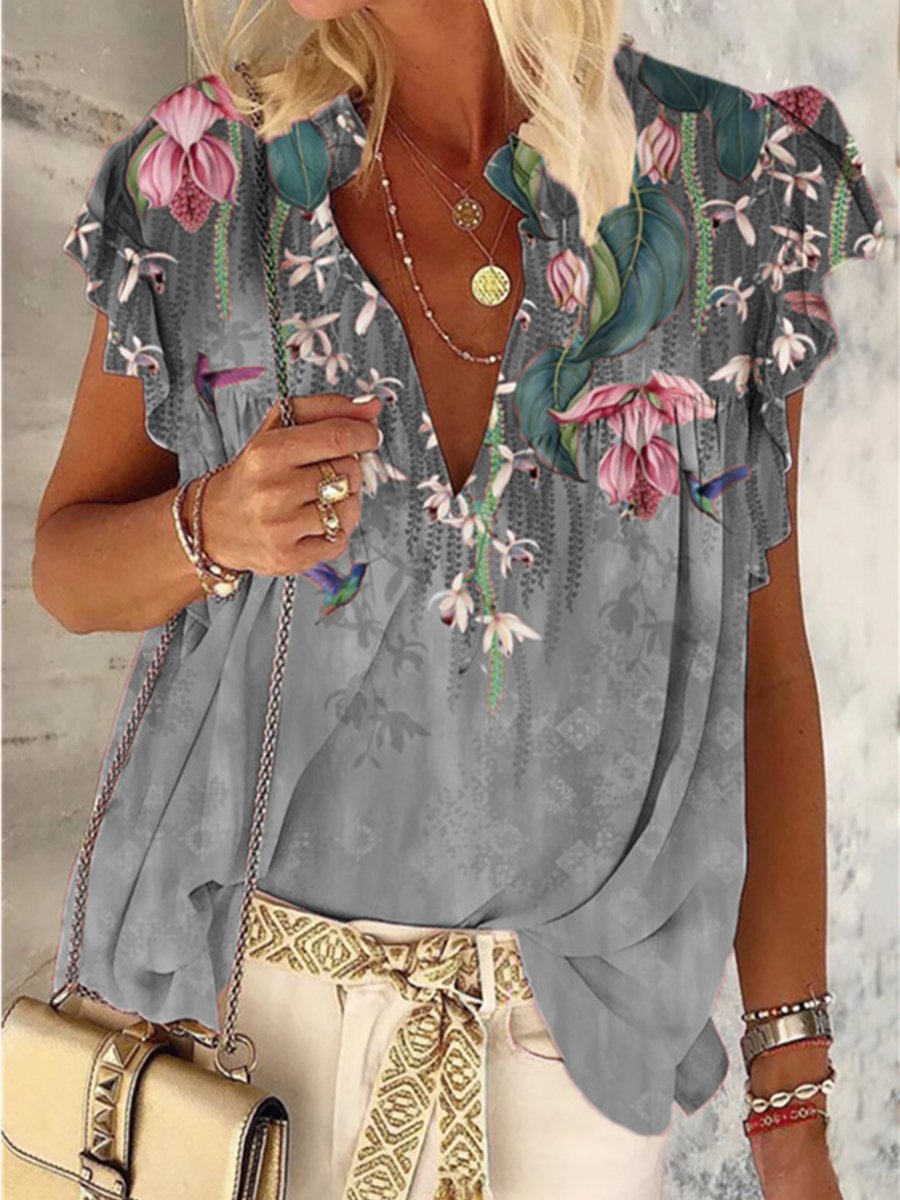 Summer Flower Print V-neck Short Sleeve Top