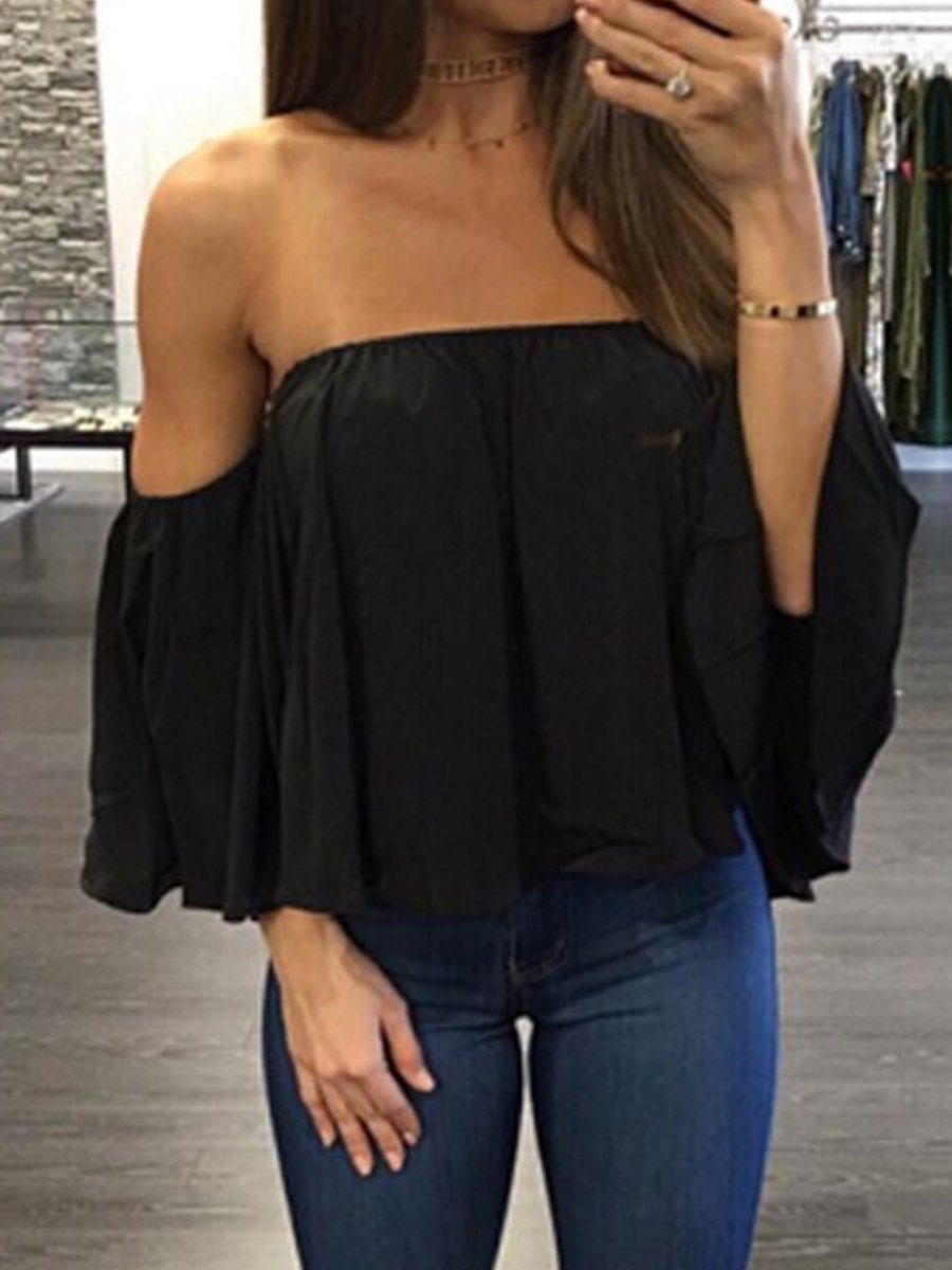 Off Shoulder Solid Color Chiffon Blouse